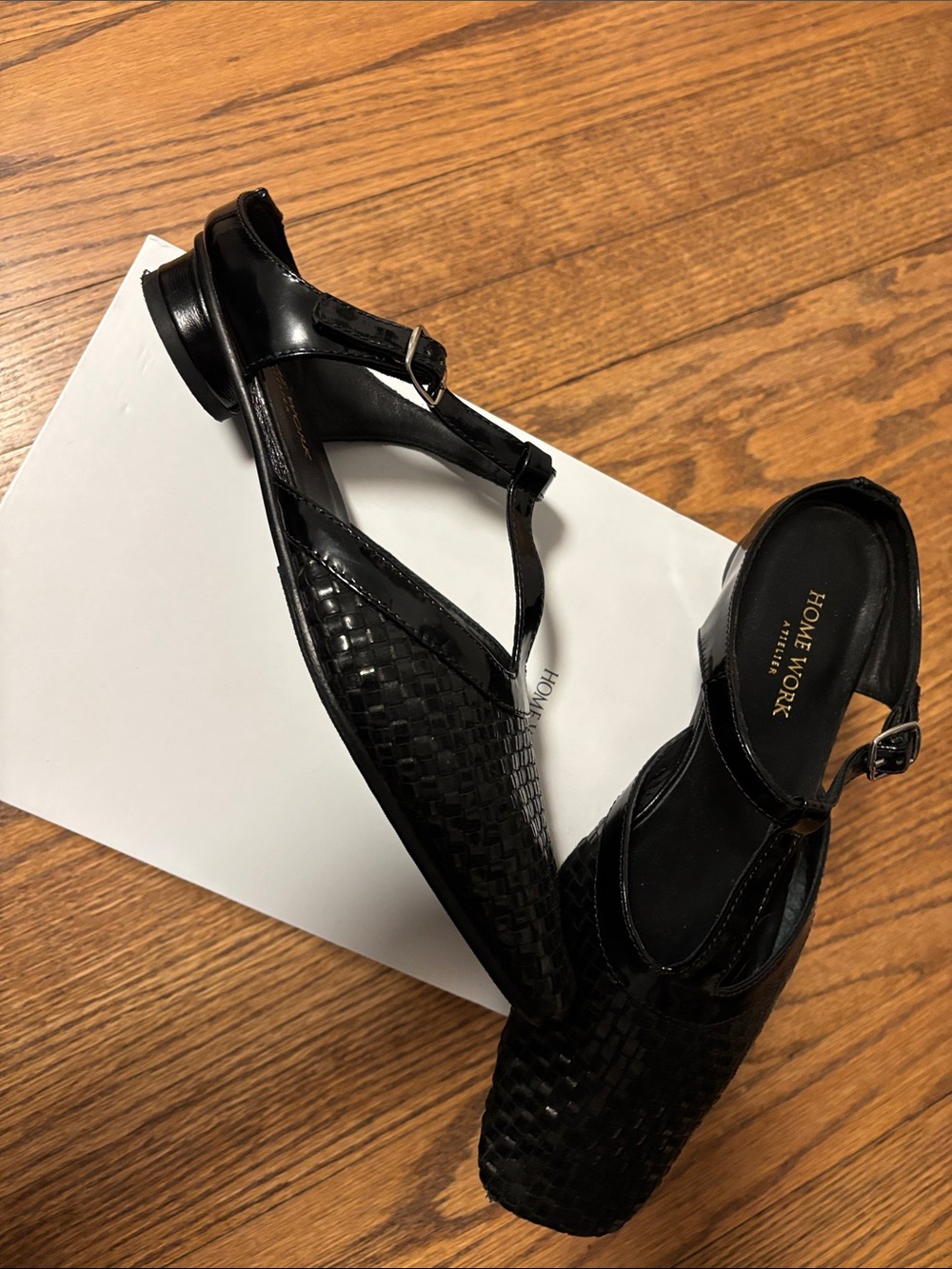 Black Woven T-Strap Square-Toe Mules